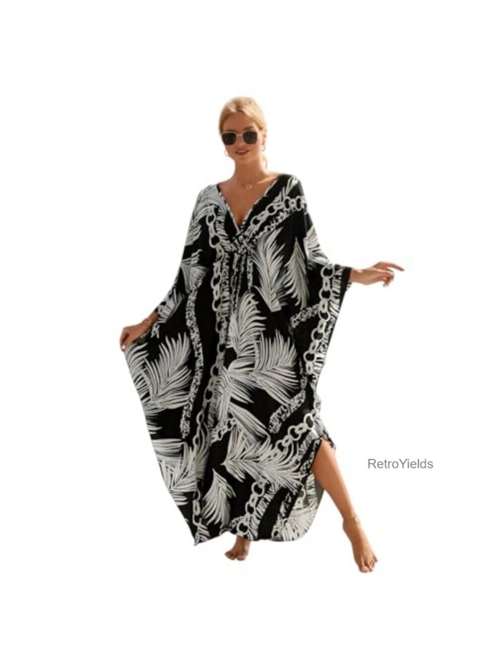 Plus Size Long Kaftan Maxi Dress V-Neck Batwing Sleeve Beach Cover Up